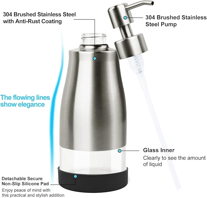 AUMIO Soap Dispenser with Non-Slip Silicone Pad - 2 Pack, Stainless Steel Case Glass Liner Hand Pump for Kitchen and Bathroom