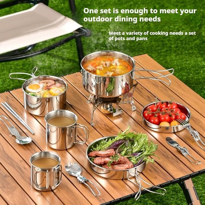 Camping Cookware Mess Kit Set 304 Stainless Steel 12-Piece Lightweight Backpacking Cooking Set Outdoor Cook Gear for Family Hiking, Picnic(Pot, Frying Pan, Bowl, Plate, Spoon, Fork)