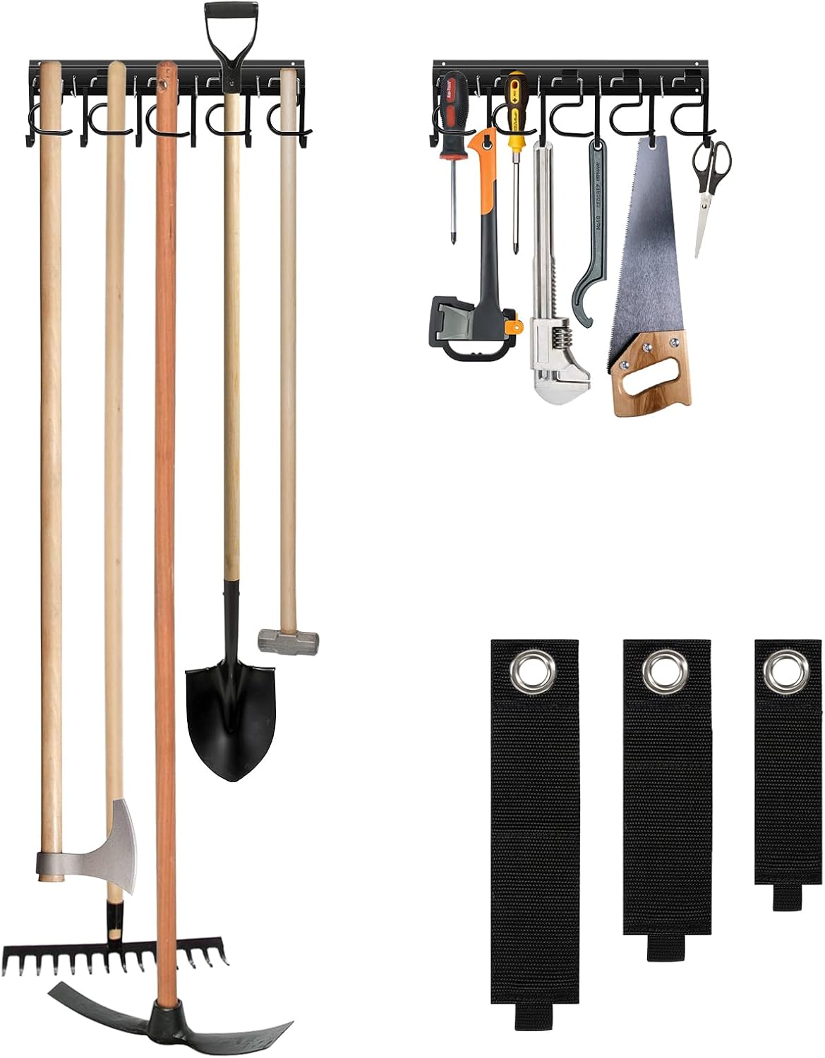 LEYU Metal Garage Tool Organizer Wall Mount, 2 Pack Garden Tool Organizer With Extension Cord Straps, Garage Organization Hooks and Hangers for Shed, Yard Storage, Wall Holder for Hanging Broom Mop