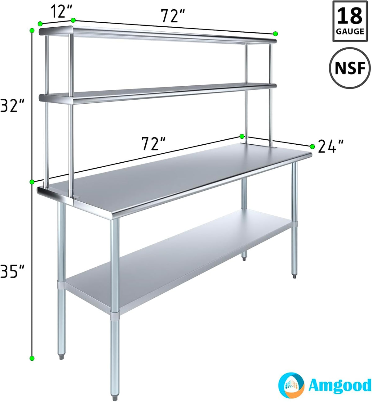 Amgood Stainless Steel Work Table Double Tier Overshelf | Metal Kitchen Prep Table & Shelving Combo (24" x 72" Work Table + 12" Overshelf)