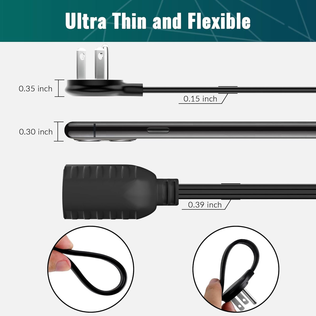 Elecan Flat Plug Extension Cord 3 Ft 2 Pack with Slim Space-Saving Plug Design, Thin Flat Cable Low Profile Power Cord 3 Prong Grounded Wire, 16 Gauge 13 A/125 V-Black-ETL Certified