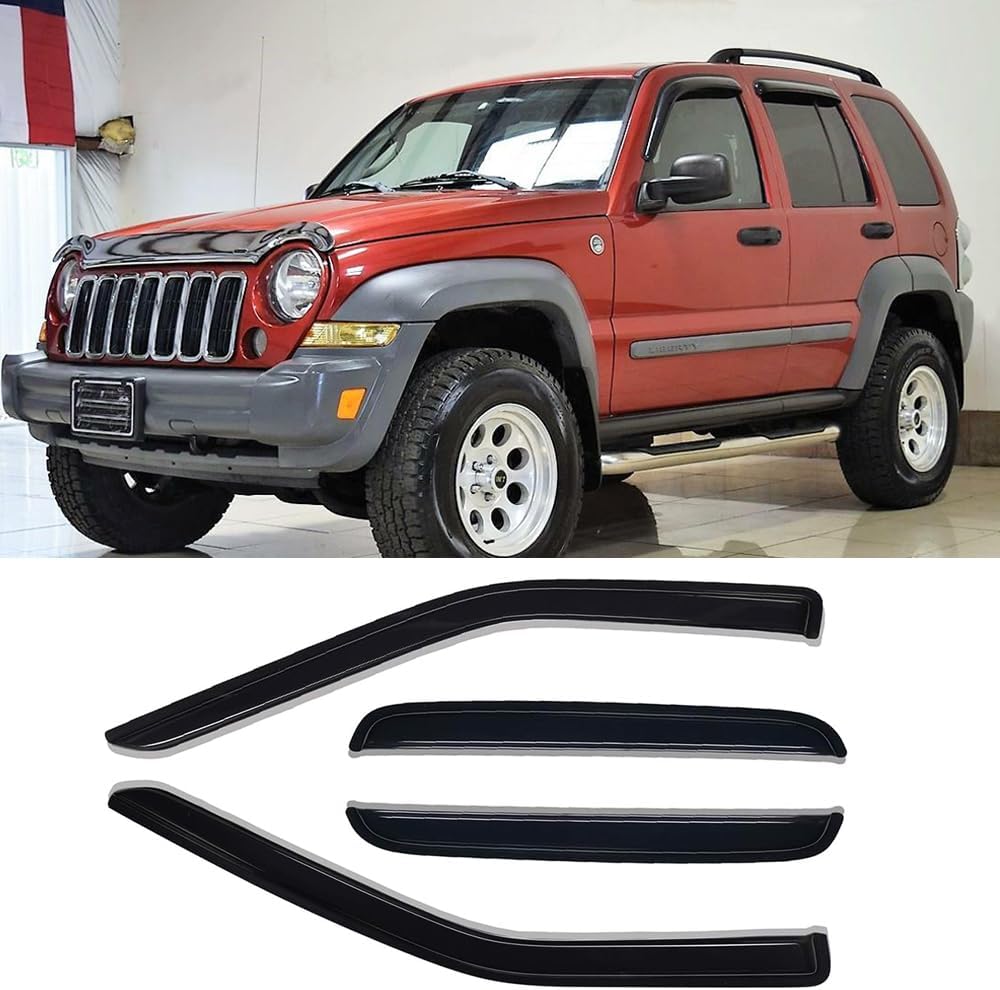 94428 Side Window Wind Vent Deflector,4pcs Outside Mount Style Nice Sun Rain Guards Set,Dark Smoke Tint Window Visor fit for 2002-2007 Jeep Liberty