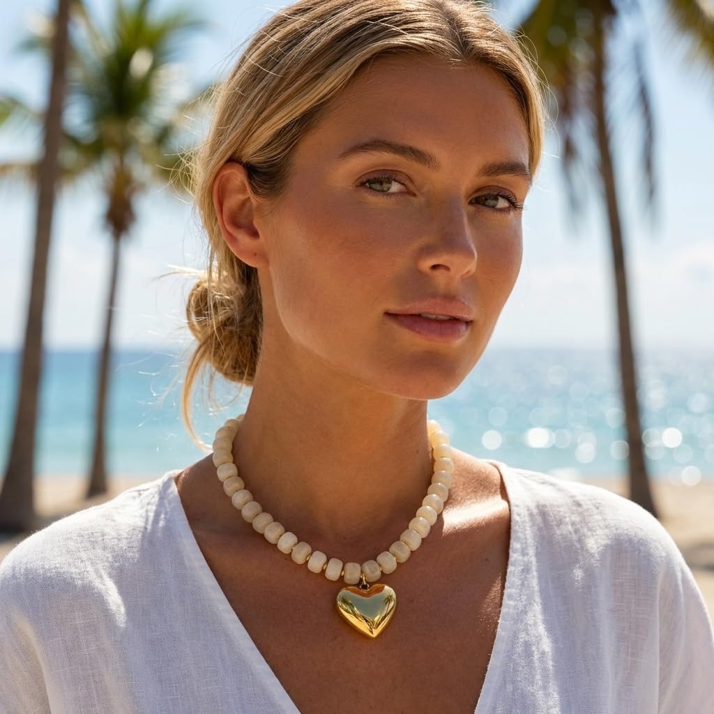 Frigotine Cream White Chunky Heart Necklace for Women, Elegant Resin Beaded Choker with Gold Puffy Heart, Adjustable Vintage Boho Statement Jewelry Gift