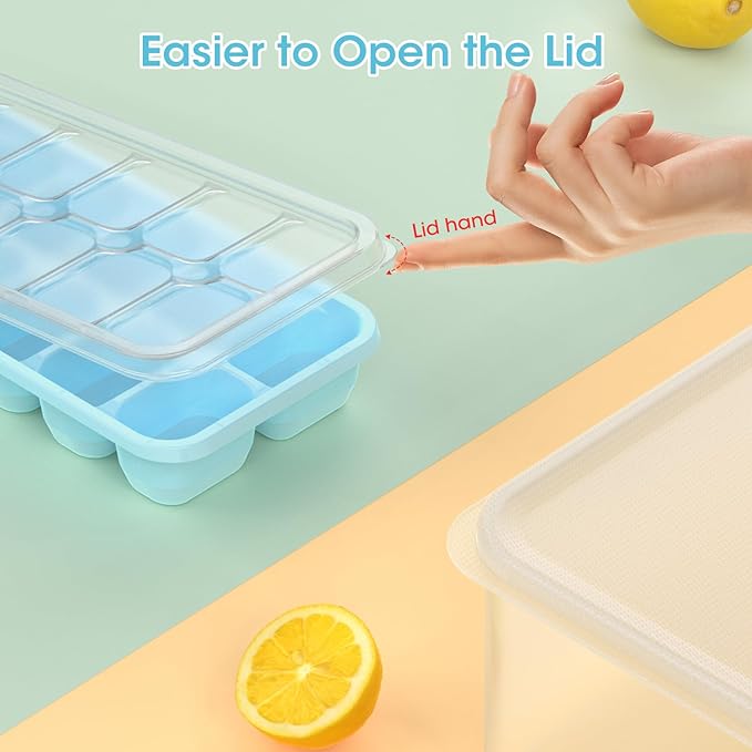 DOQAUS Ice Cube Tray with Lid and Bin - 4 Pack Silicone Ice Cube Trays for Freezer, Stackable Ice Bucket Kits with Storage Container & Scoop for Kitchen, RV, Cocktail, Coffee