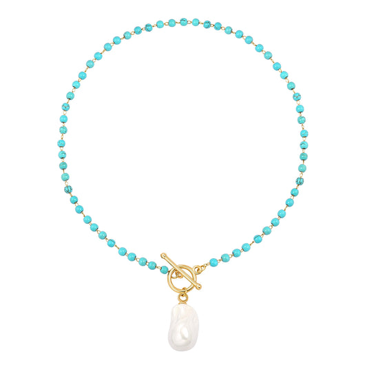 POTESSA Big Baroque Pearl Pendant Necklace Bohemian Turquoise Beaded 18K Gold Plated Toggle Clasp Necklace for Women Jewelry Gifts