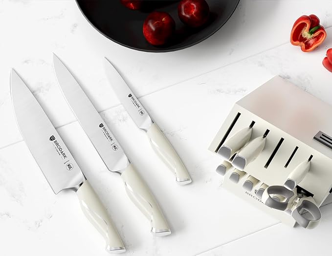 BRODARK Kitchen Knife Sets with Block and Built-in Sharpener - Ultra Sharp15 Pcs Full Tang Professional Chef Knife Set, High Carbon Super Steel Cutlery Set, Ivory Series with Gift Box for Mom
