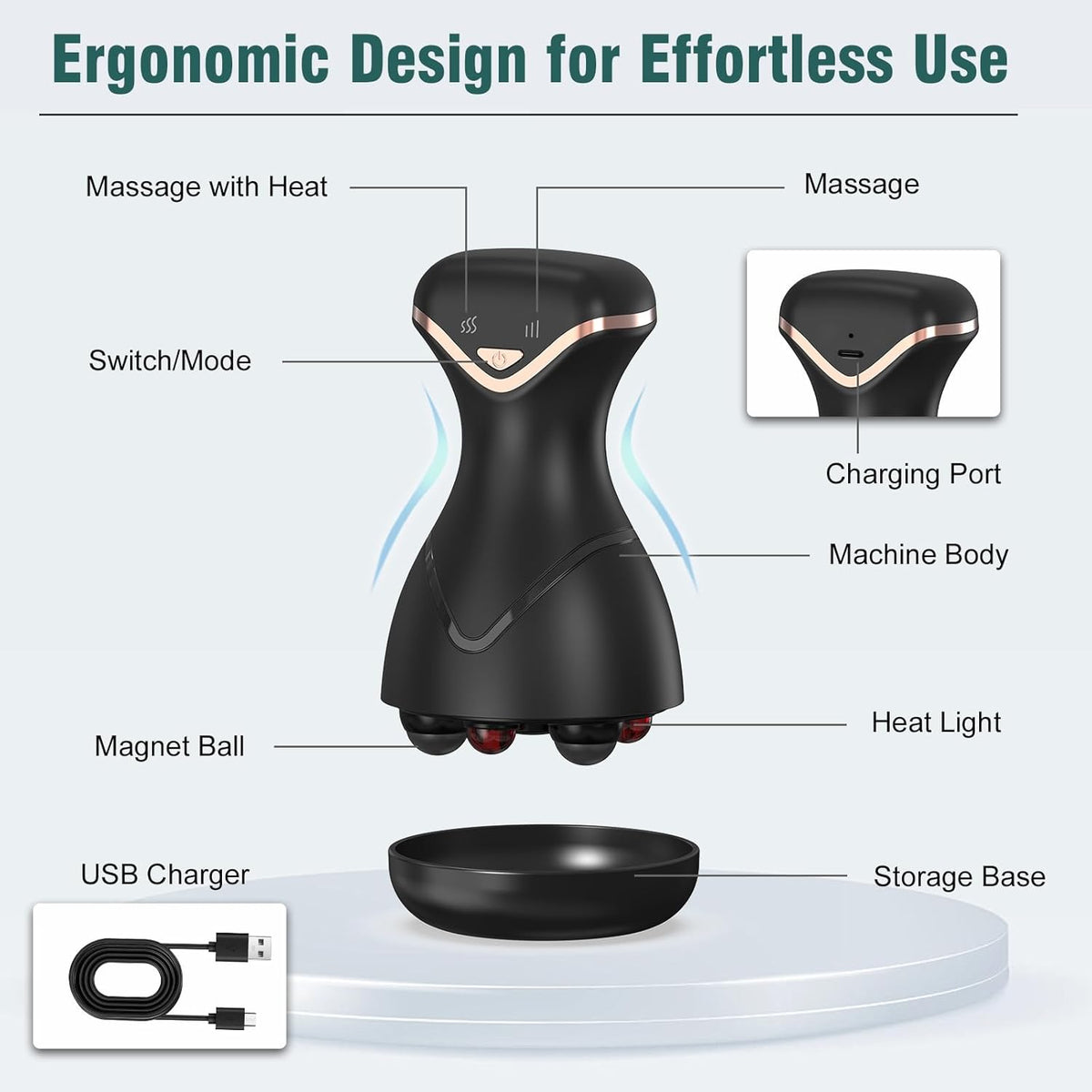 Rotary Abdominal Massager with Heat & Red Light, Handheld Cordless Stomach Massager for Digestion, Cellulite Reduction, Body Sculpting - Portable Lymphatic Drainage Tool for Belly, Legs, Thighs