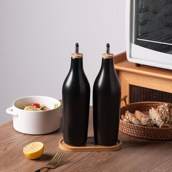Sweejar Matte Ceramic Olive Oil Dispenser Bottles with Bamboo Tray, 17 Oz Oil Dispenser Set for Kitchen Counter, Opaque Oil Cruet for Cooking, EVOO, Vinegar, Avocado Oil, Pack of 2 (Black & Tray)
