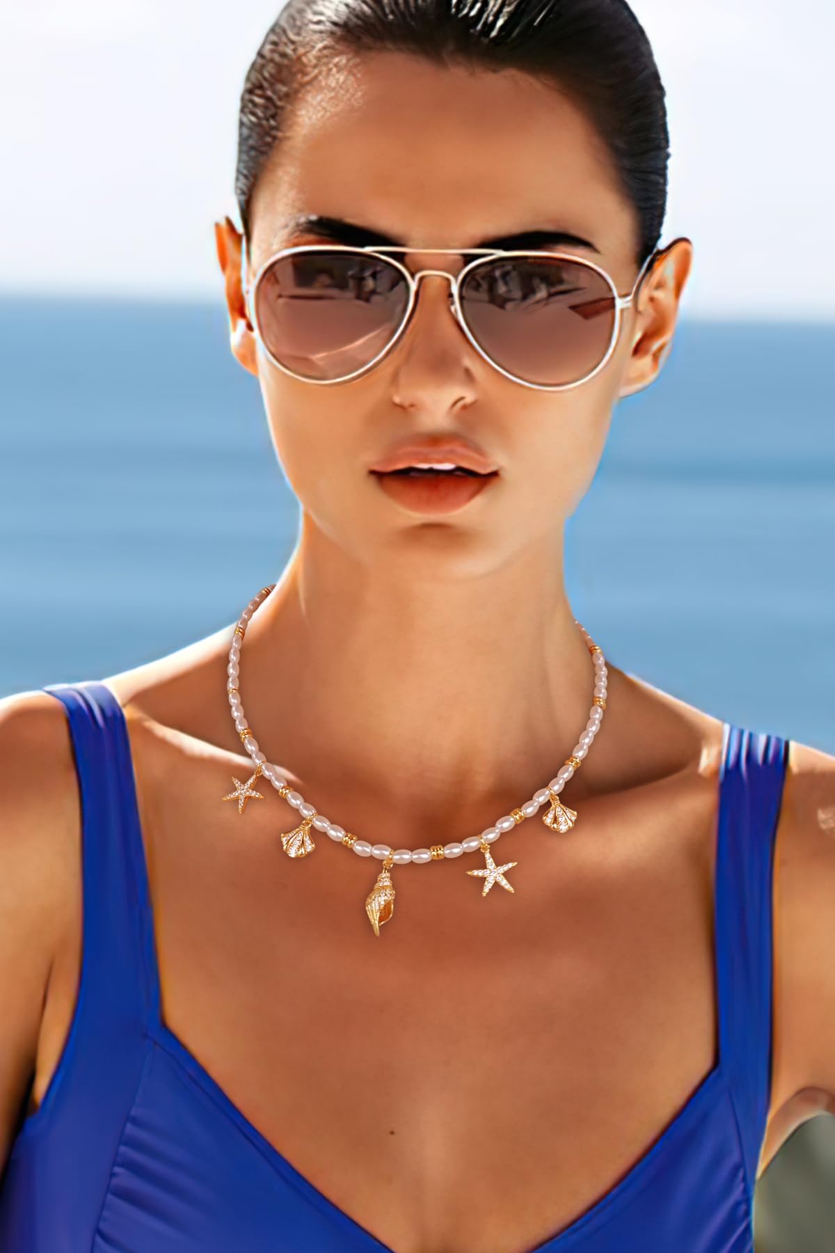 LILIE&WHITE Sea Shell Necklace For Women Elegant Imitation Pearl Charms Summer Beach Necklaces Mermaid 14K Gold Plated Necklaces Jewelry Gift Slide Buckle Adjustable Necklaces