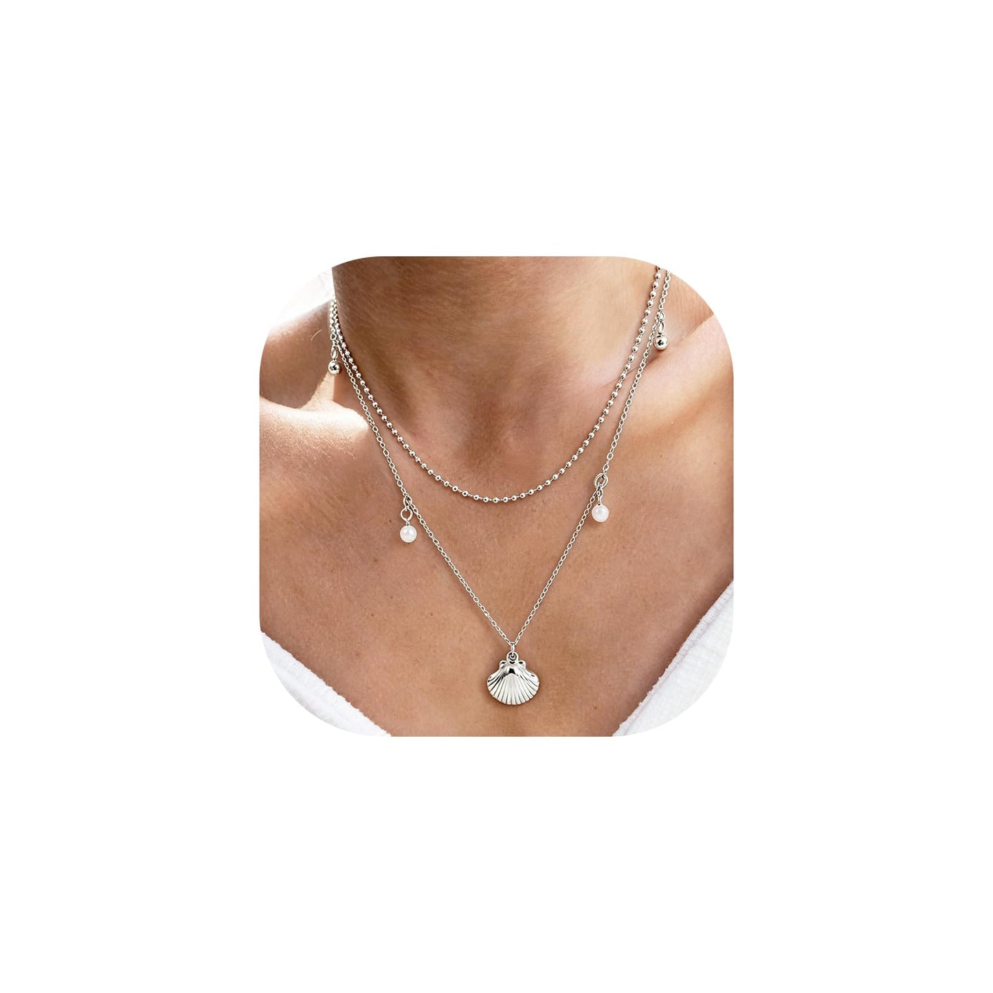 Starfish Shell Necklace for Women,14k Gold Plated Silver Layered SeaShell Pearl Pendant Charm Necklaces Dainty Non Tarnish Adjustable Waterproof Beaded Necklace Stack Jewelry for Summer Beach Vacation (Silver Shell Necklace)