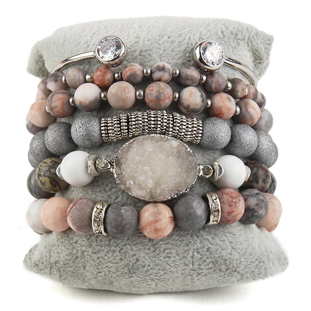 Yomisa Boho Beaded Bracelets/Bangle for Women,Multilayer Wrap 5PCS Healing Natural Zebra Jasper Stone Bead Bracelets Stackable Friendship Stretch Beaded Bracelet Set Trendy Bohemian Jewelry Gift