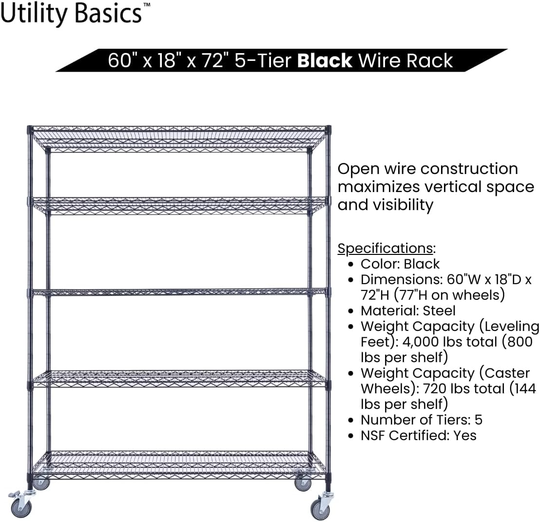 60"x18"x72" Black 5-Tier Premium Wire Shelving NSF 4000 LBS MAX Capacity Heavy Duty Steel Storage Rack for Warehouses, Garages, Hospitals, Commercial Spaces, & Schools w/Premium Wheels
