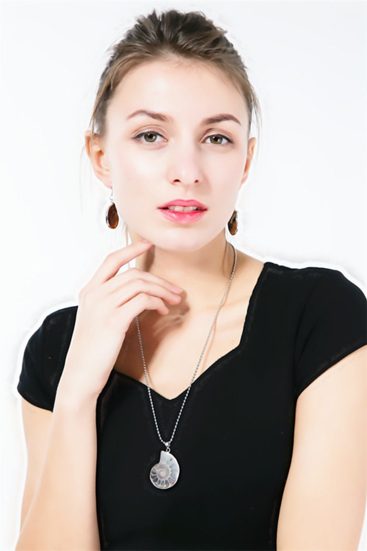 JOYA GIFT Charm Handmade Natural Conch Fossil Ammonite Silver Wrapped Pendant Shell Necklace for Women(1 PCS)