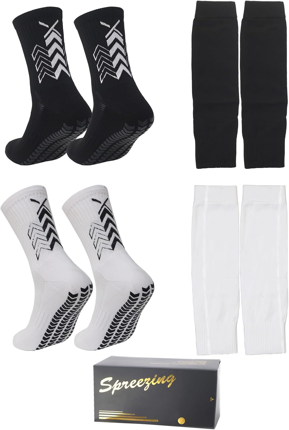 Grip Soccer Socks with Shin Guard Sleeves Non Slip Soccer Leg Sleeve Socks for Men Women Black/White 2 Set