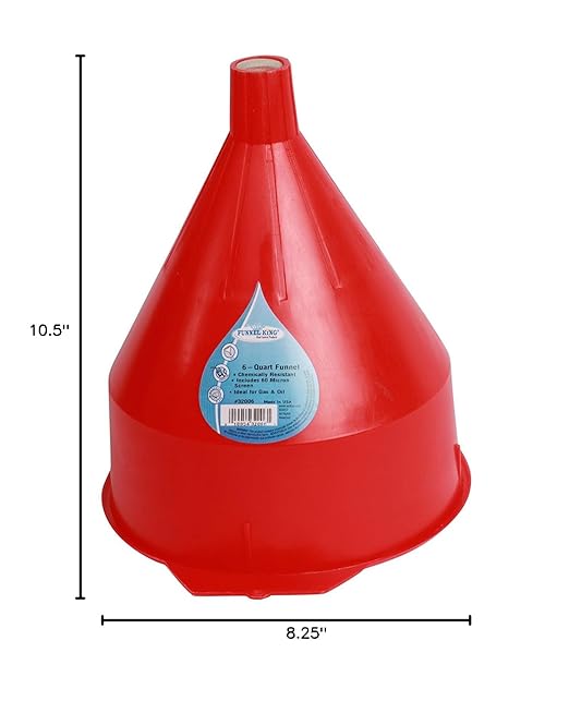 WirthCo 32006 Funnel King Red Polyethylene Funnel with Screen/Strainer, Funnel for Oil, Fuel, Gas, and Automotive, Large 6-quart Capacity