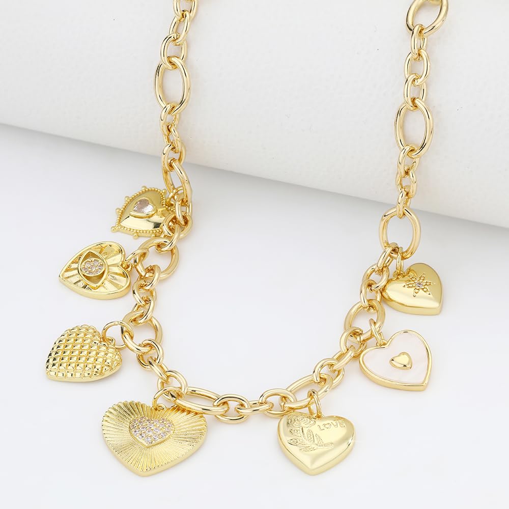BONJOULRY Gold Heart Necklaces For Women With Different Charms Gold Charm Sun Heart Evil Eyes Necklace Coin Charms Fashion Jewelry Gift