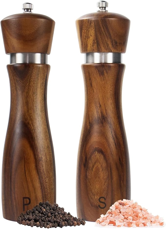 Haomacro 2 Pack Wood Salt and Pepper Grinder Set, Acacia Wood Salt and Pepper Grinder Mill Pepper Grinder Ceramic Stainless Steel Core-8 Inch