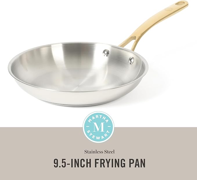 Martha Stewart Castelle 9.5-Inch Stainless Steel Frying Pan with Gold-Tone Handle – Tri-Ply Encapsulated Bottom, Oven Safe & Induction Safe Skillet for Searing and Sautéing
