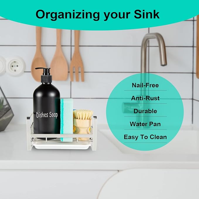 TEZZ Sponge Holder for Kitchen Sink, Stainless Steel Kitchen Storage Sink Caddy for Organizing Sponge, Brush & Dish Soap Dispenser, Sink Organizer Rack with Adhesive or Counter top, Silver