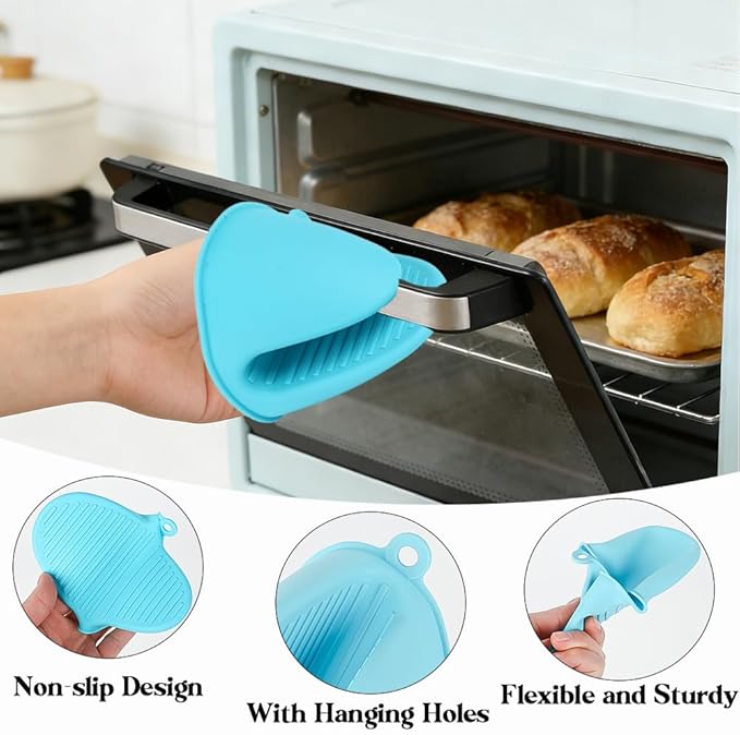 4 PCS Silicone Oven Mitts Heat Resistant Mini Oven Gloves for Kitchen Rubber Air Fryer Mitts Oven Accessories Finger Cooking Pinch Mitts Pot Holders for Kitchen Cooking Baking Dishwasher, Blue & Green
