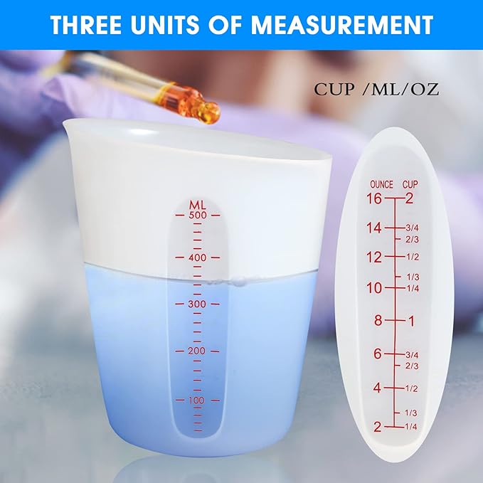 ZUYEE Silicone Measuring Cups (2 Cup + 1 Cup) Flexible Measure Melting Cups for Epoxy Resin Butter, Chocolate Squeeze Pour Baking Cup Dishwasher Safe BPA Free 500/250 ML with Marking Cup/Ounce