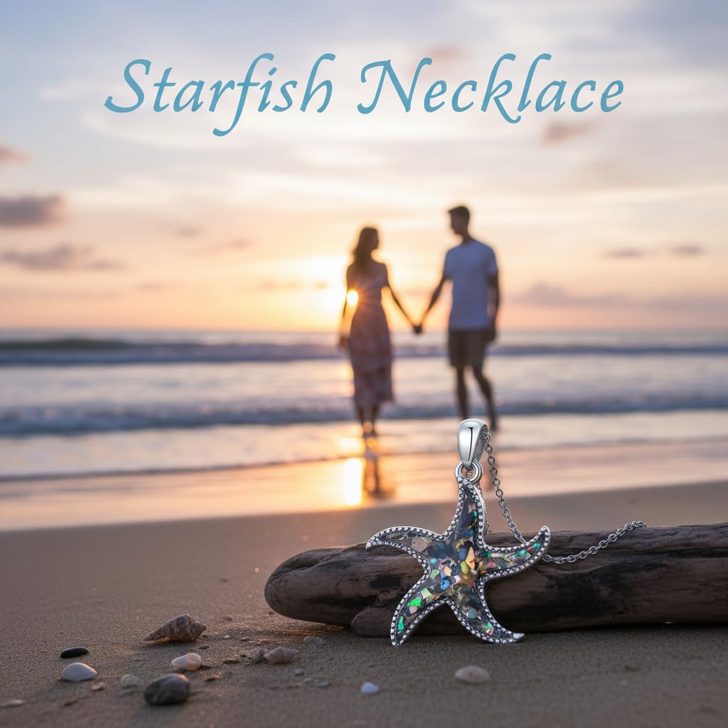 SELKAT 925 Sterling Silver Starfish Pendant Necklace for Women-Inlaid Abalone Shell Fragments, Beach Party Jewelry Gift for Daughter Mom Wife (Style 1)
