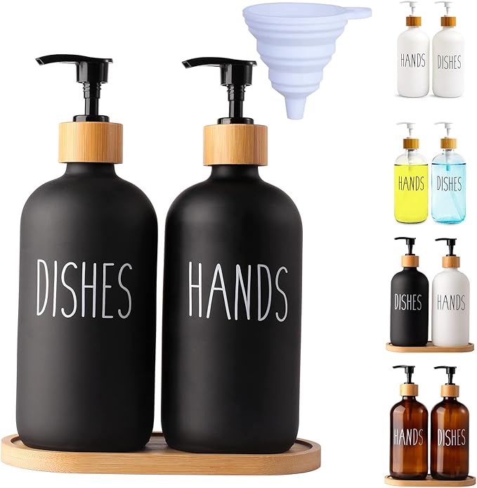 LOOCHICA 2 Pack Black Glass Soap Dispenser Set with Tray, Hand and Dish Glass Soap Dispensers for Kitchen Sink, Matte Black Soap Dispenser Suitable for Kitchen Sink, Rustic Kitchen Décor