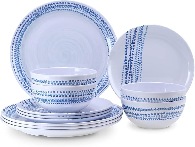 Melamine Dinnerware Sets, 12Pcs Plates and Bowls Sets Dinnerware Sets for 4, Unbreakable Dish Set for Indoor and Outdoor Use, Dishwasher Safe Raindrops Design