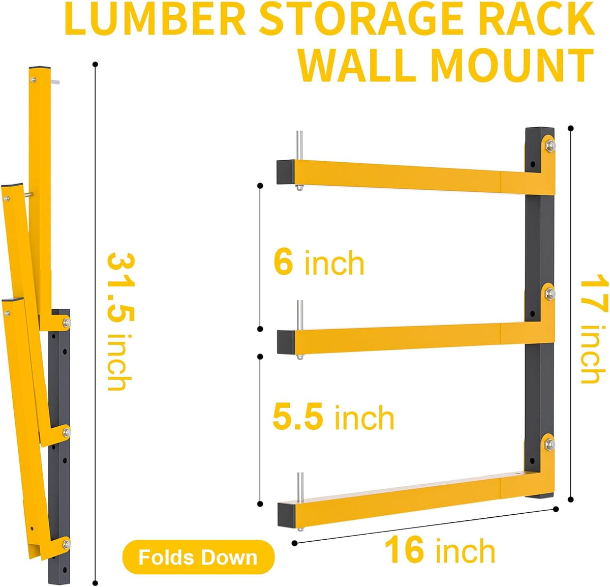 2 PACK Lumber Storage Rack Wall Mount Wood Organizer Storage Racks Heavy Duty Shelf Brackets with 3-Level System 360 LB Sturdy Folding Garage Wall Shelving, Snowboard Rack for Indoor and Outdoor
