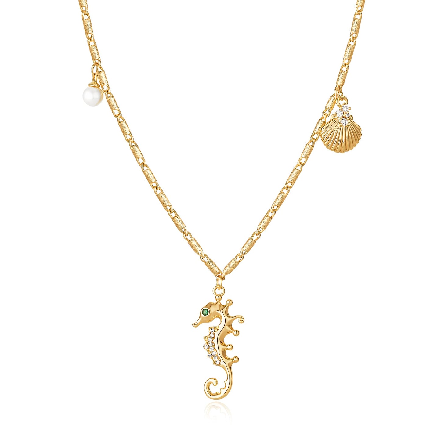 MTMY Gold Starfish Necklace 14K Gold Plated Shell Conch Ocean Pendant Necklace for Women Beach Summer Jewelry(Seahorse)