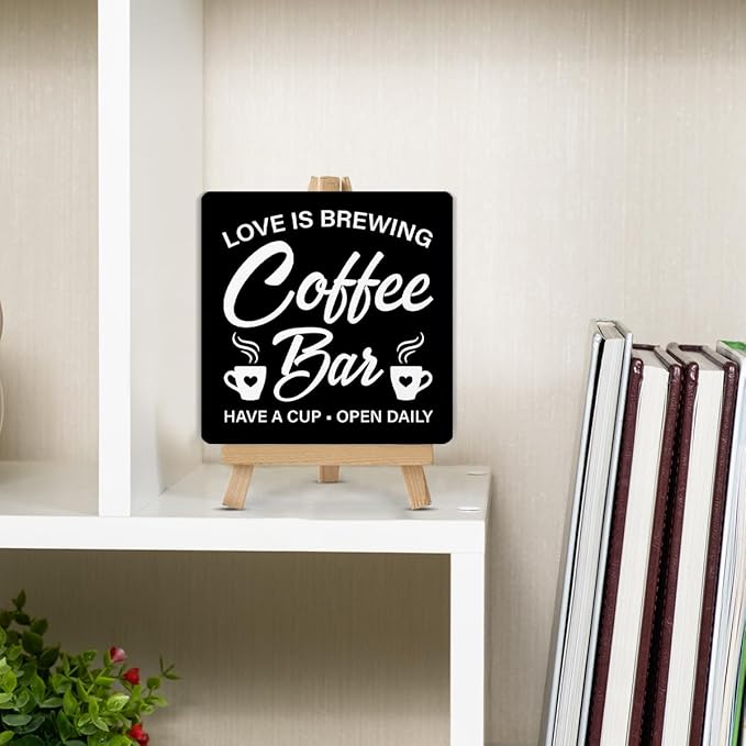 Coffee Signs, Coffee Bar Wood Sign with Easel Home Kitchen Desk Shelf Tabletop Table Decor