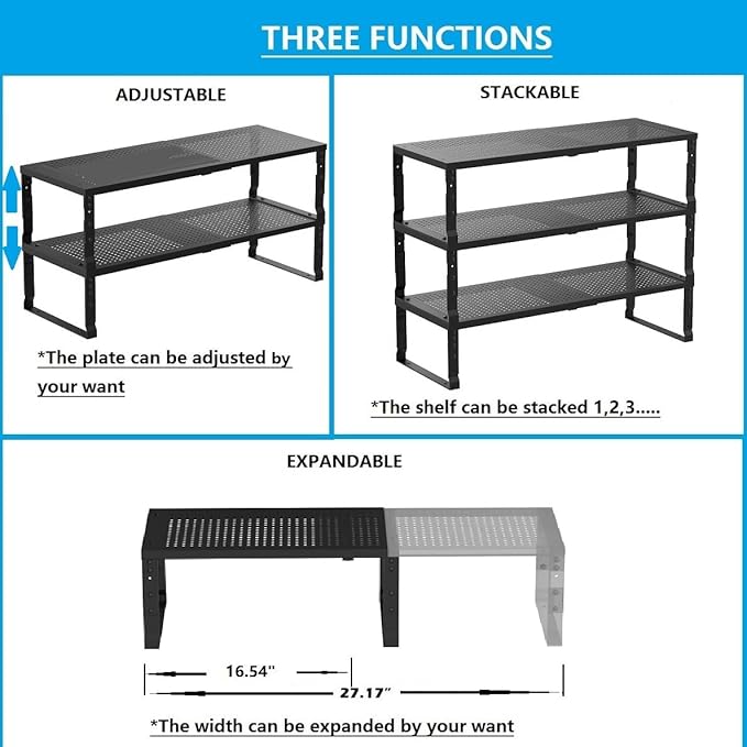 Expandable,Adjustable & Stackable Spice Rack, Cabinet Kitchen Countertop Shelf Organizer,Metal Pantry Storage Shelves - Space-Saving Storage Solution(1Pack/Black/Medium)