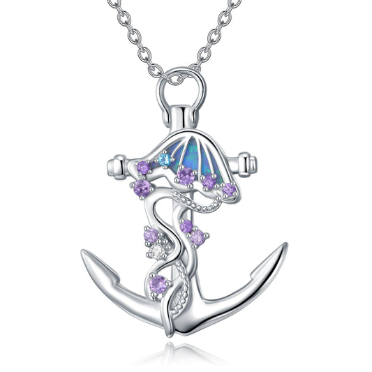KoyeKei Jellyfish Necklace for Women 925 Sterling Silver Anchor Necklaces Jellyfish Nautical Pendant with Blue Opal Jewelry Christmas Graduation Gifts for Lover Her Mom Girlfriend