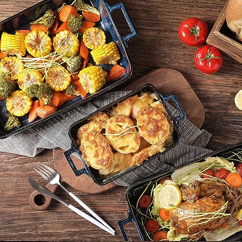 VICRAYS Ceramic Bakeware Set, Porcelain Rectangular Lasagna Pans Casserole Dish Set for Baking, Cooking, Kitchen, Cake Dinner, Banquet and Daily Use, 3 PCS, 15 x 8.5 Inches(Blue)