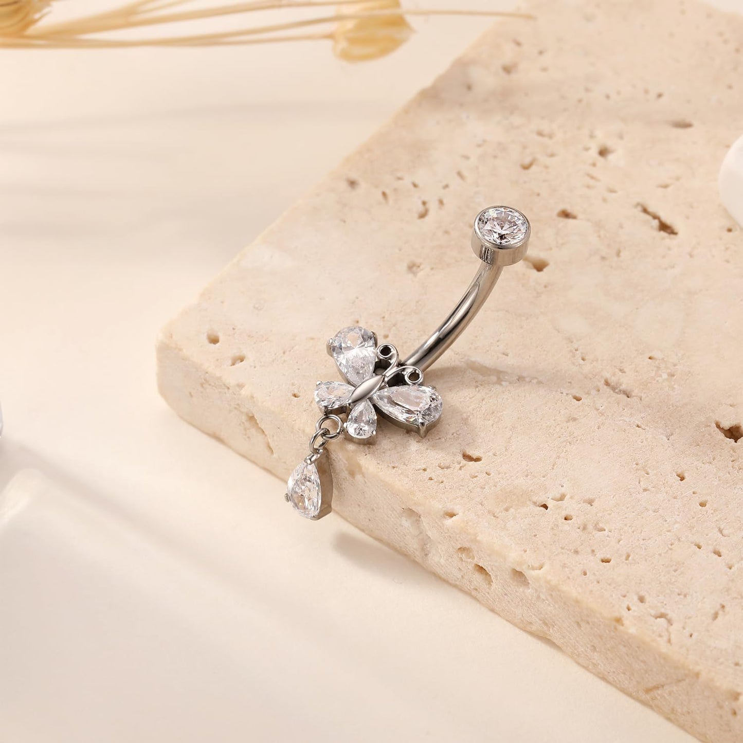 14G Dangle Belly Piercing Internally Threaded Navel Ring Silver Belly Button Ring 10mm for Women Titanium Curved Barbell with Butterfly CZ Navel Belly Bars