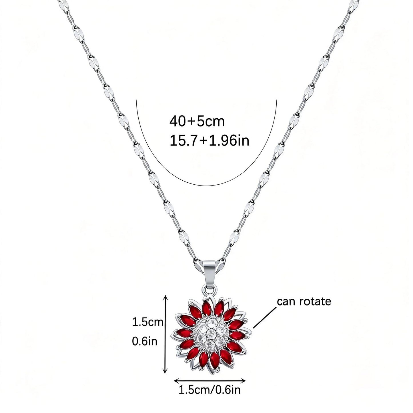 KONPJE Sunflower Fidget Necklace for Women Gold Moon Necklace Rotating Heart Necklaces Spinning Crystal Sunflower Anxiety Necklaces Crescent Moons Jewelry Accessories (Silver Red)