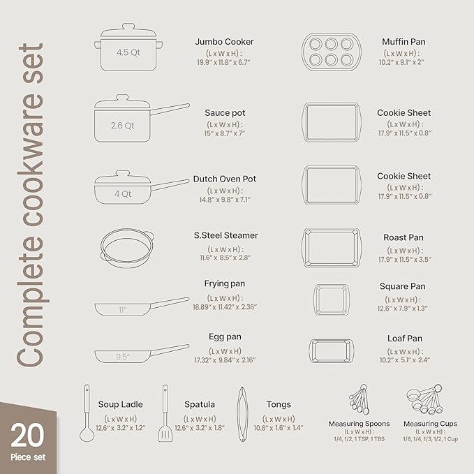 Bakken Master 20 Piece Cookware Set - Pots and Pans with Handle Grips and Tempered Glass Lids, With 6-piece Bakeware Set, Nonstick Granite Coating, Ceramic Max Temperature (Up To 500°F), Marble Color