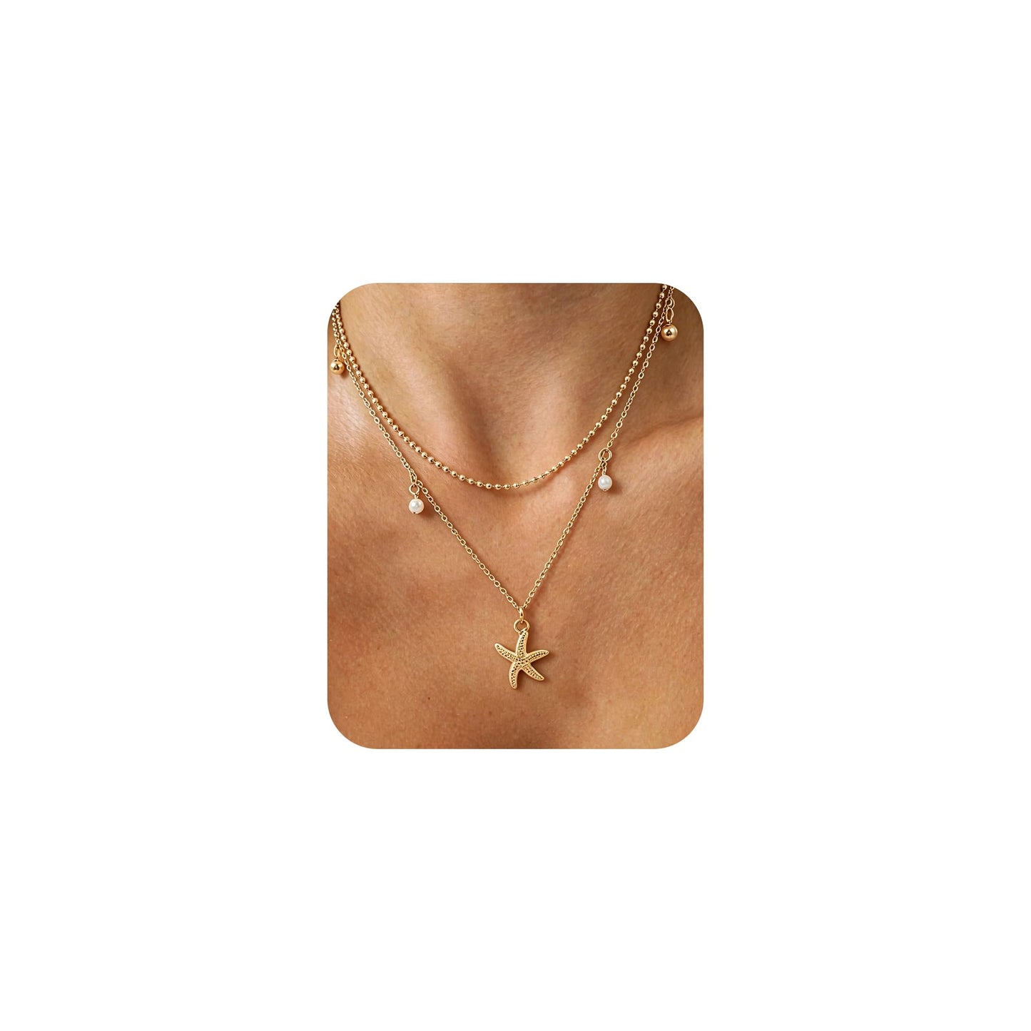 Starfish Shell Necklace for Women,14k Gold Plated Silver Layered SeaShell Pearl Pendant Charm Necklaces Dainty Non Tarnish Adjustable Waterproof Beaded Necklace Stack Jewelry for Summer Beach Vacation (Gold Starfish Necklace)