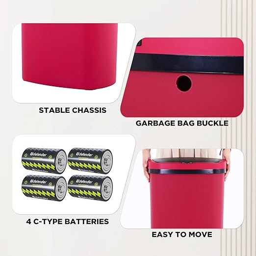 PayLessHere | 13 Gallon Plastic Trash Can | Red | Automatic Touchless Lid with Motion Sensor | Kitchen Garbage Can with Waterproof Design | for Home, Office, Bathroom | Pack of 3