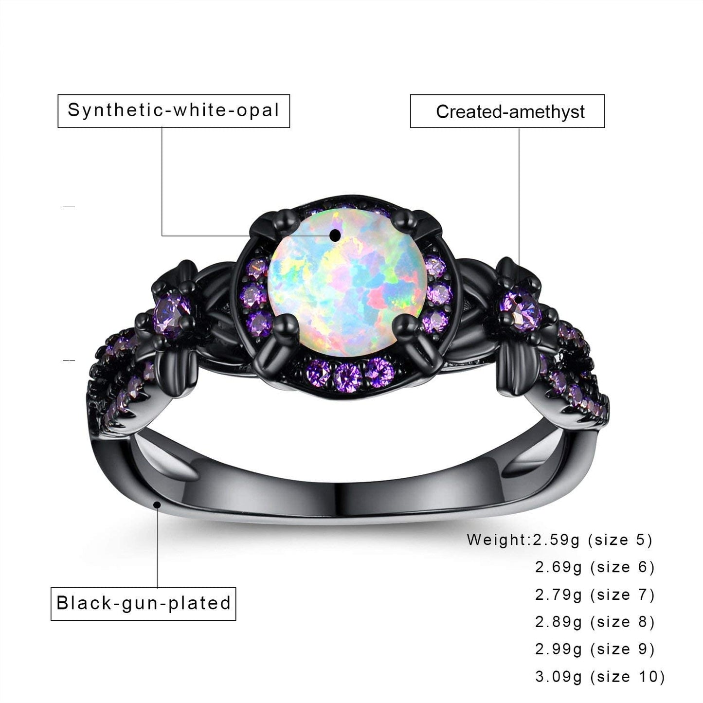18K Black Gold Plated White Fire Opal Rings for Women October's Birthstone Gemstone Created Amethyst Eternity Wedding Engagement Promise Band (9)