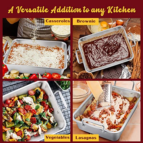 E-far 14 x 10.6 Inch Roasting Pan, Stainless Steel Turkey Roaster with V Rack & Baking Rack Set, Small Heavy Duty Deep Broiling Pan for Oven Cooking Lasagna Meat Chicken - Dishwasher Safe