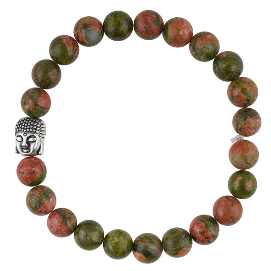 CRYSTALINES Buddha Charm Stretchable Braceclet, Natural Unakite Jasper Gemstone Beads, Plain Round Stones, Handmade Boho Strech Bracelet, Adjustable Spiritual Healing Crystal Unisex Jewelry Gift