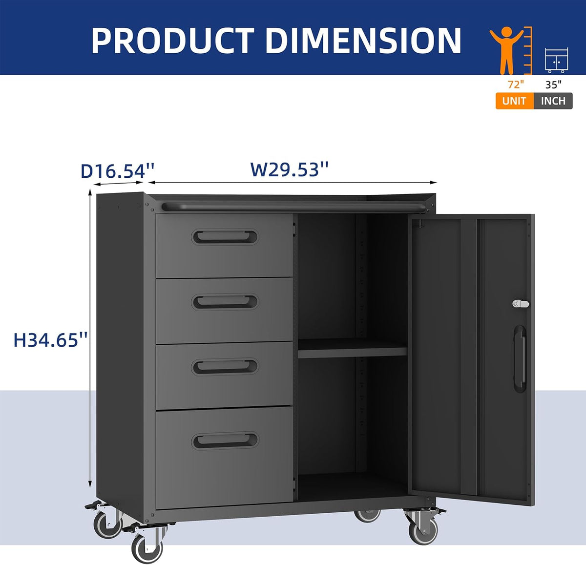 Metal Garage Storage Cabinet with Wheels,Locking Rolling Tool Cabinet with Drawers and Shelves for Home, Office, Garage & Workshop