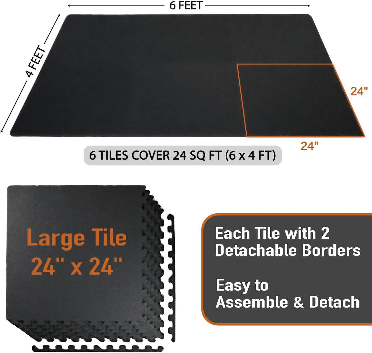 AIRHOP 0.56in Thick 24 Sq Ft Exercise Equipment Mats, 6 Tiles Upgraded Rubber Top with High Density EVA Foam, Large Interlocking Puzzle Gym Flooring for Home Gym, Heavy Weight Workout,Black