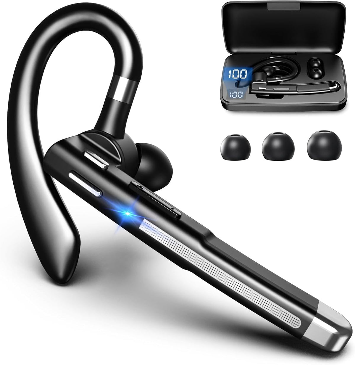 Bluetooth Headset, Wireless Bluetooth Earpiece with mic Trucker Headset for Phone Case Office Phones Built-in Microphone Headphones Manos Libres Noise Cancelling(Black+Silver)