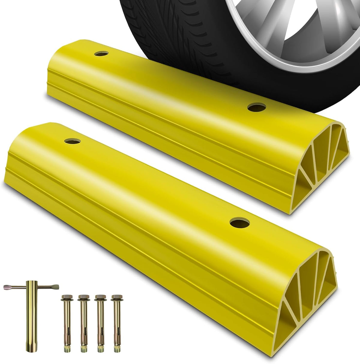 ROBLOCK 22" Parking Stopper for Home Garage & Outside, Heavy Duty Garage Stoppers for Protecting Your Vehicle, Parking Aids for New Drivers, Wheel Stops for Cars, Vans, Trailer, 2 Packs, Yellow