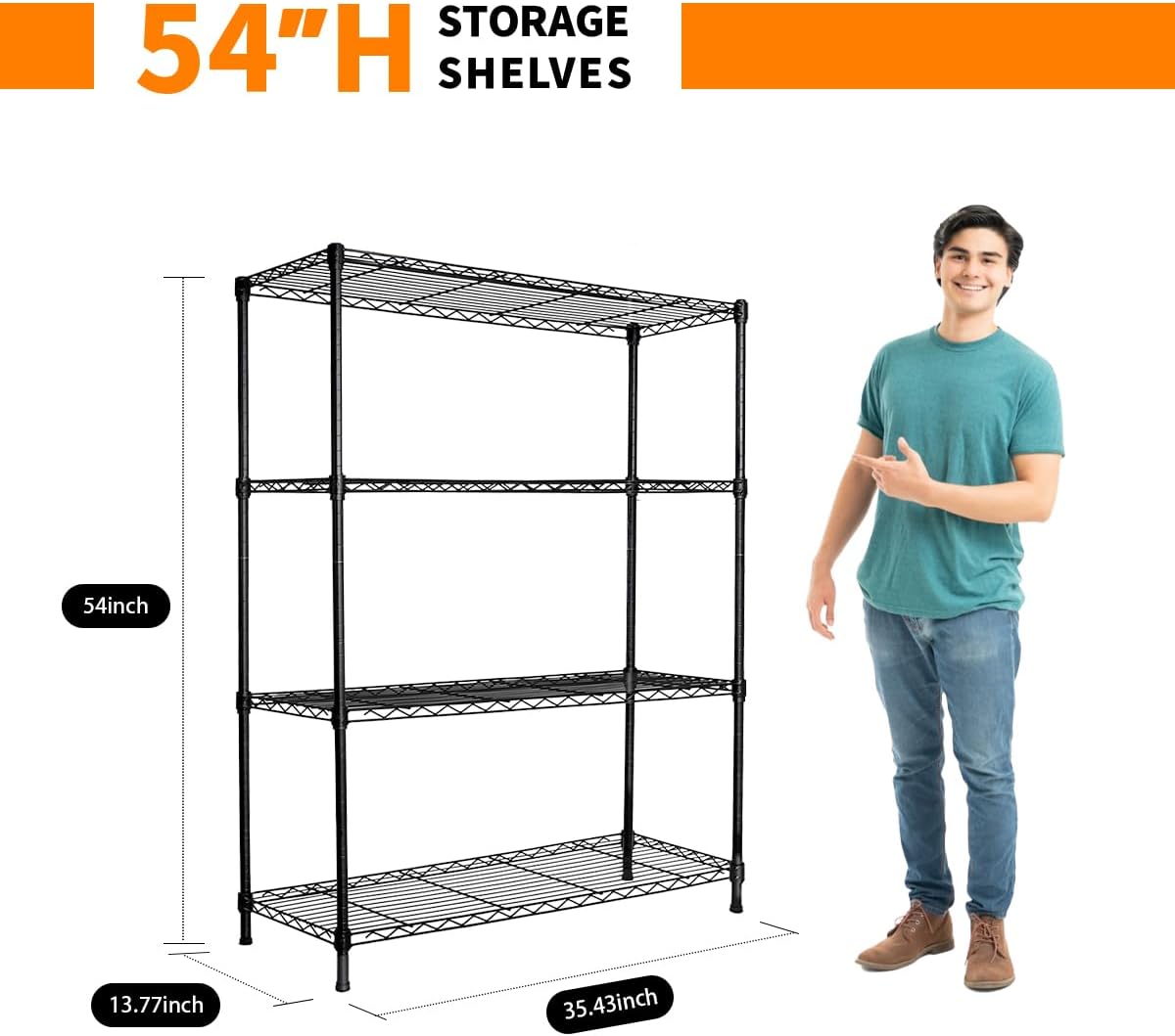 Heavy-Duty Black 4 Tiers Steel 36x14x54 Wire Shelving NSF Certified. Adjustable Storage Rack for Kitchen,Garage,and Laundry Utility Room (4Tiers-36x14x54)