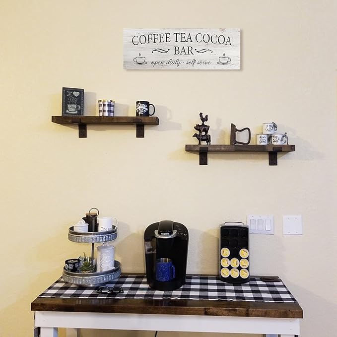 Coffee Tea Cocoa Bar Sign Decor Farmhouse Wall Plaque with Wood Grain Retro Cafe Canvas Prints for Bar Decor Open Daily Self Serve Kitchen Cafe Pub Nook Decoration Accessories 6"x17"