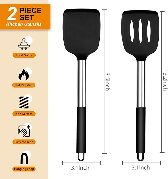 E-far Silicone Spatula Set of 2, Solid & Slotted Turner for Nonstick Cookware, Heat Resistant Rubber Kitchen Cooking Utensils for Flipping Fish Pancake Egg - Black