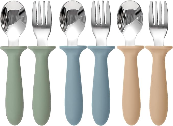 Eascrozn Toddler Utensils, 6 Pack kids Silverware Set with Silicone Handle, 18/8 Stainless Steel Children Safe Forks and Spoons, Dishwasher Safe